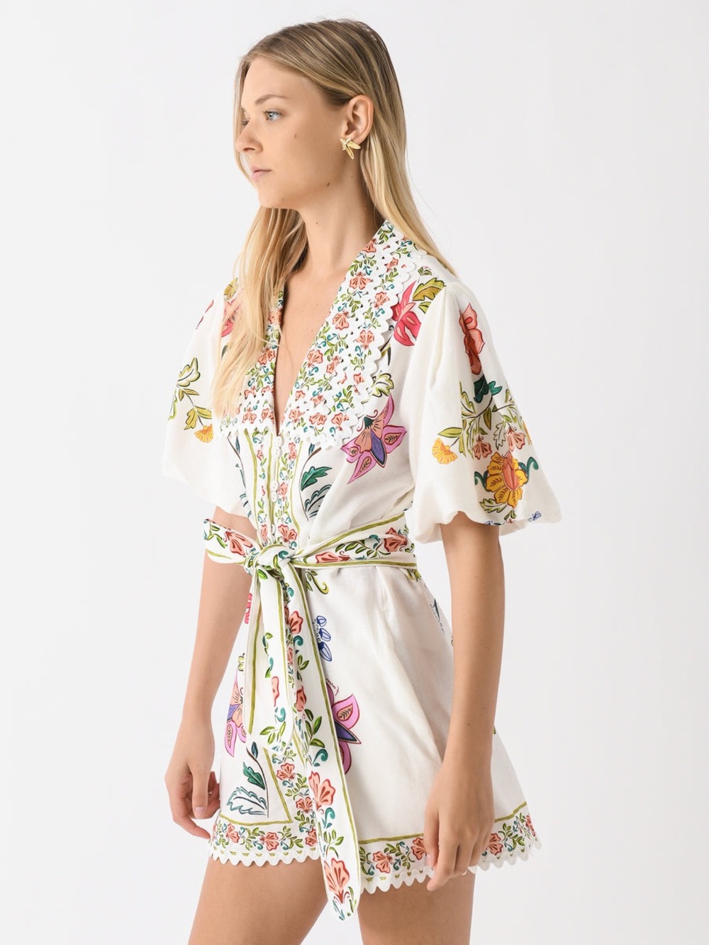 Farm Rio Floral Butterfly Cream Button Down Linen Blend Romper